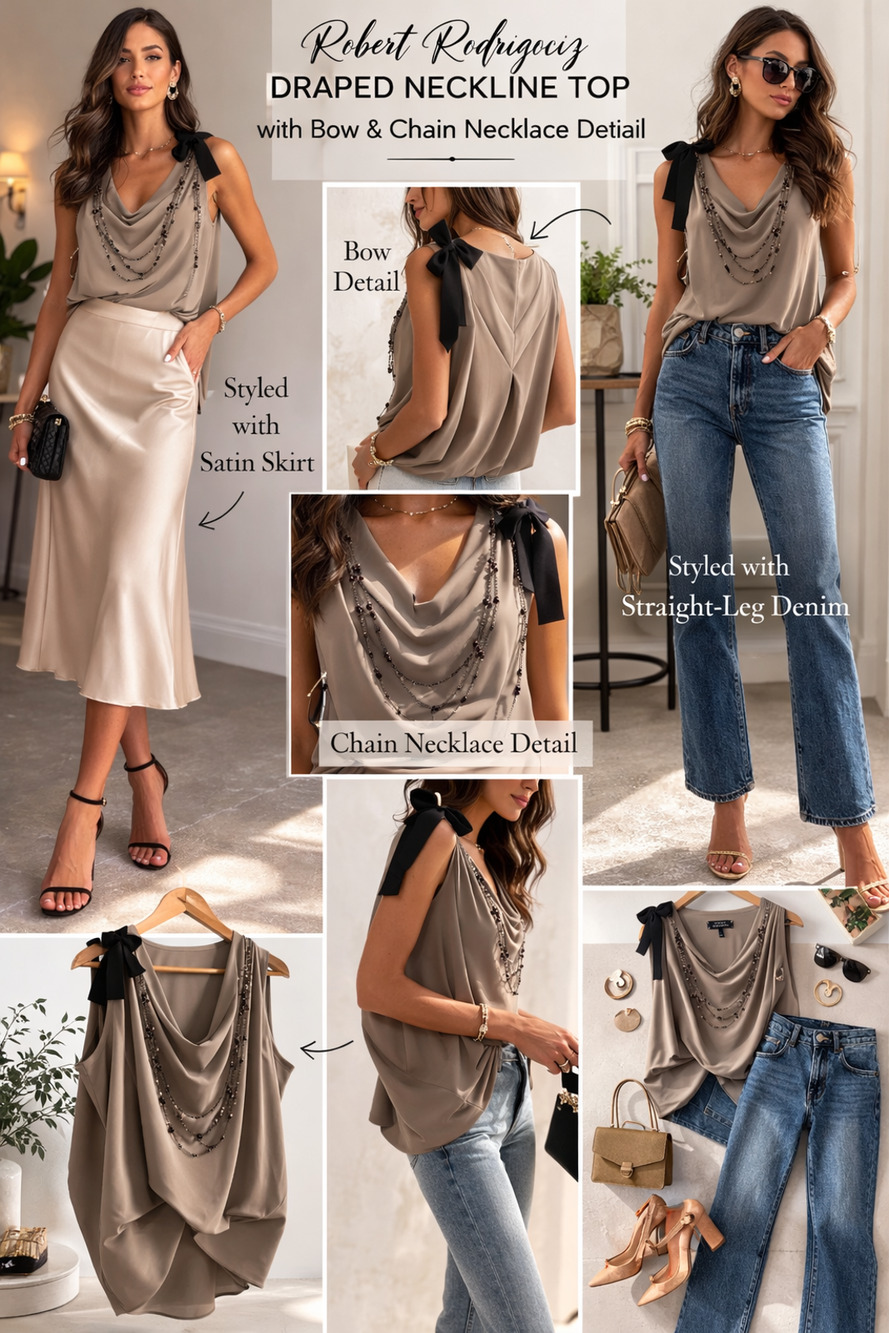 Robert Rodriguez Taupe Draped Neckline Top Bow Shoulder chain Luxe Sz-2 fits S/M